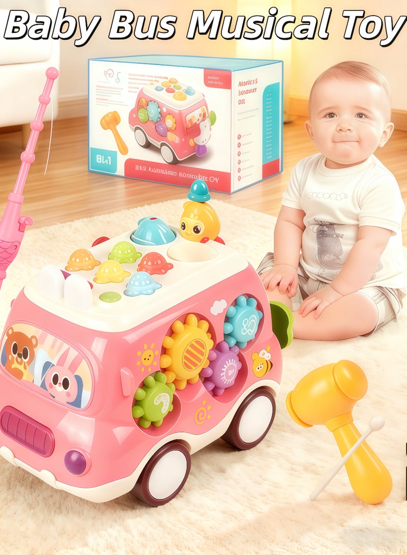 إيزي سو لعبة بيبي باص الموسيقية مونتيسوري مع صوت وضوء، مع إكسيليفون/مطرقة/لعبة صيد وطاحونة هوائية وتدوير معدات وما إلى ذلك من التعلم الحسي، للأطفال الصغار بعمر 18 شهرًا فأكثر (وردي) - Image 1