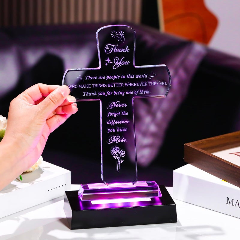 Movdyka Thank You Gifts For Women Men - Crystal Cross-Shaped Plaque With Light Base - Appreciation Inspirational Gift For Boss  Coworker  Teacher  Mentor  Mom  Friend  Doctor Grateful Present Ideas - Image 2