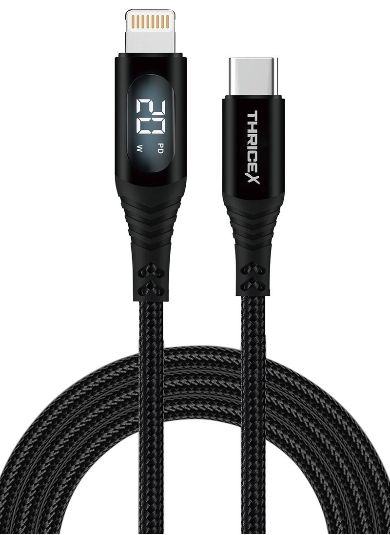 THRICEX - 20W USB C to Lightning Charging Cable, 1.2M, Nylon Braided, LED Display, Compatible with iPhone 14/13/12/11 Pro Max, XR/XS/8 - Image 1