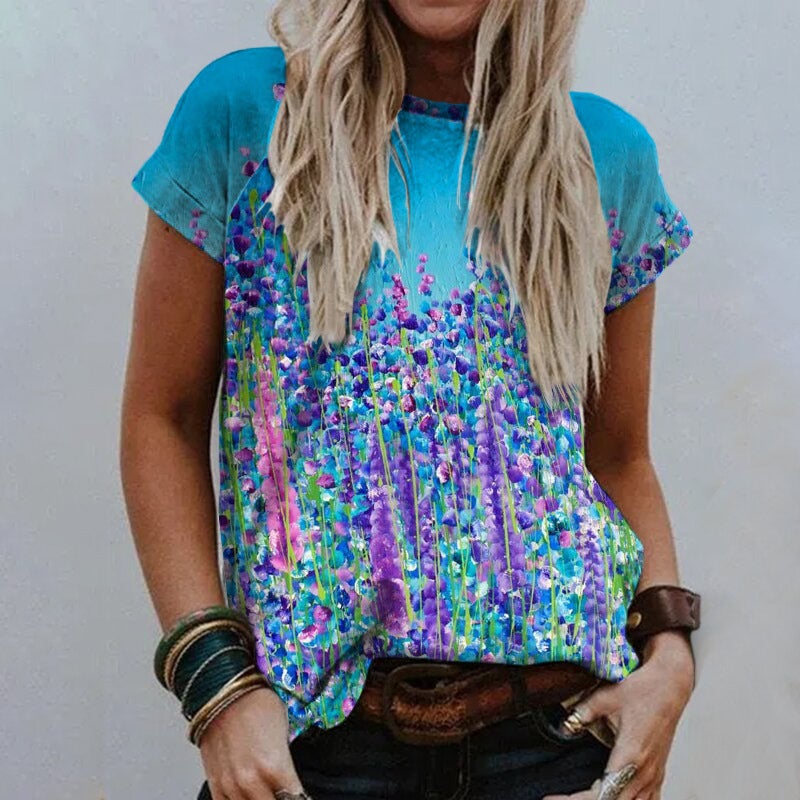 2022 Summer Cross-Border Supply of 3D Digital Printed Short-Sleeved V Neck Women's Loose-Fitting Women's T-Shirts - Image 1