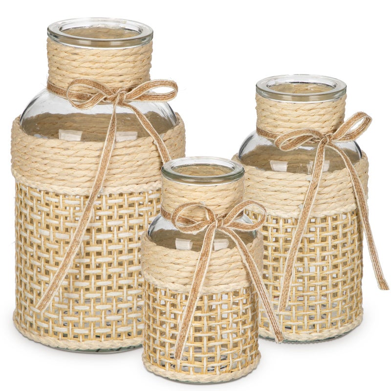 Hollyone 3Pcs Flower Vase Glass Vase with Cotton Rope Cover Woven Glass Vase Decorative Flower Bottle Modern Vase for Table Centerpiece Farmhouse Wedding Home Decor - Image 1