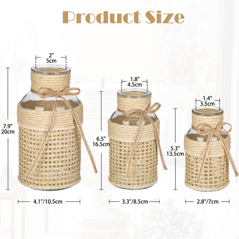 Hollyone 3Pcs Flower Vase Glass Vase with Cotton Rope Cover Woven Glass Vase Decorative Flower Bottle Modern Vase for Table Centerpiece Farmhouse Wedding Home Decor - Image 4