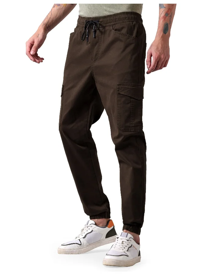 بيونغ Premium Solid Cotton Coffee Brown Cargo Joggers For Men