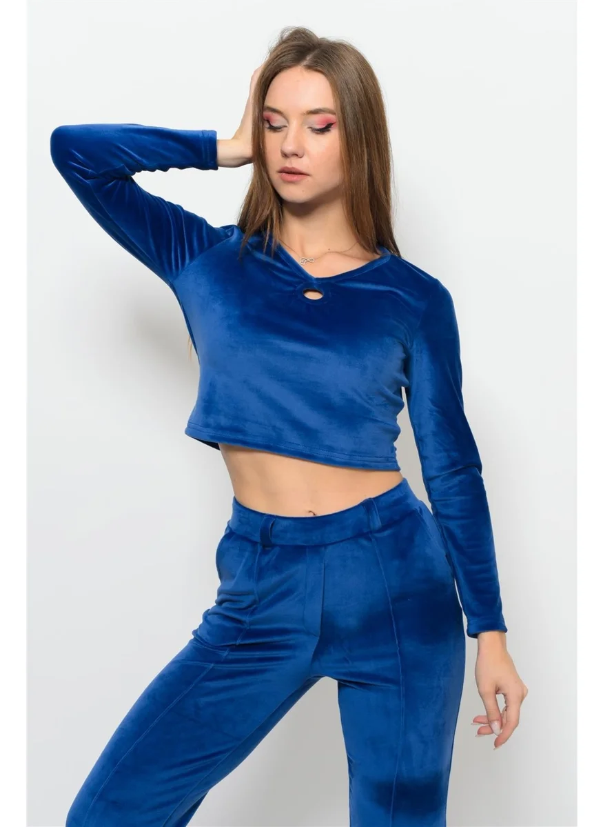 Nuseel Women's Soft Velvet Pants-Blouse Top and Bottom Two Piece Set Navy Blue