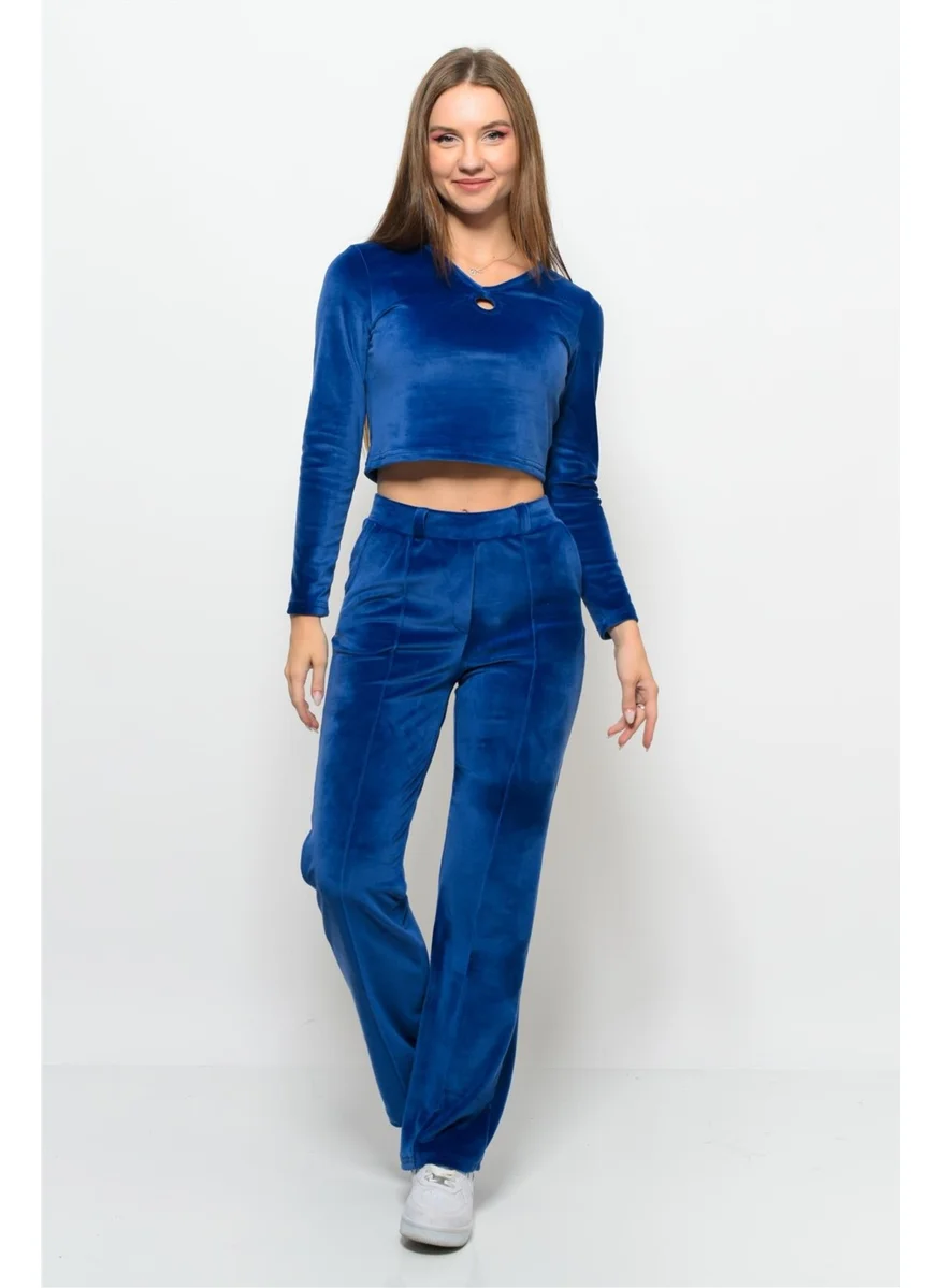 Nuseel Women's Soft Velvet Pants-Blouse Top and Bottom Two Piece Set Navy Blue