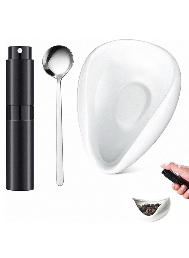 HOMESTAR 3 Pieces Set Coffee Dosing Cup Measuring Tray Kit，Spoon Rest With Spoon and Coffee Bean Spray，Ceramic Teaspoon Holder Coffee Stirrers Rest for Bar Kitchen Accessories Present - Image 1