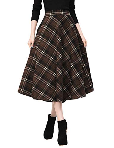 IDEALSANXUN Womens High Elastic Waist Maxi Skirt A-line Plaid Winter Warm Flare Long Skirt (Small, Mid-Calf Coffee) - Image 5