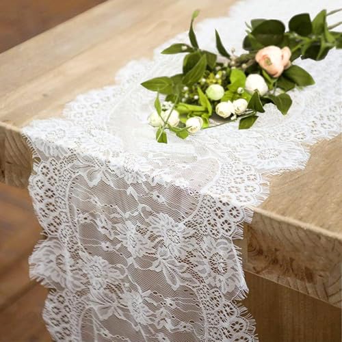 Fowecelt 4 Pcs White Lace Table Runners 14 x 120 Inch Vintage Table Runner for Wedding Bridal Shower Baby Shower Party Table Decoration Rustic Rose Embroidered Boho Table Runner - Image 1