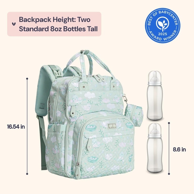 BabbleRoo Diaper Bag Backpack - Baby Essentials Travel Tote - Multi Function Water Resistant Diaper Bag, Travel Essentials Baby Bag with Changing Pad, Stroller Straps & Pacifier Case - Green Birdy - Image 2
