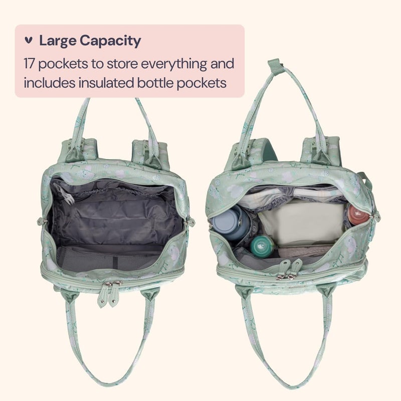 BabbleRoo Diaper Bag Backpack - Baby Essentials Travel Tote - Multi Function Water Resistant Diaper Bag, Travel Essentials Baby Bag with Changing Pad, Stroller Straps & Pacifier Case - Green Birdy - Image 3