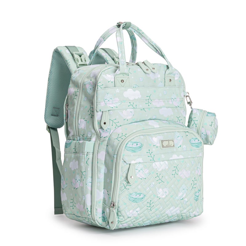 BabbleRoo Diaper Bag Backpack - Baby Essentials Travel Tote - Multi Function Water Resistant Diaper Bag, Travel Essentials Baby Bag with Changing Pad, Stroller Straps & Pacifier Case - Green Birdy - Image 1