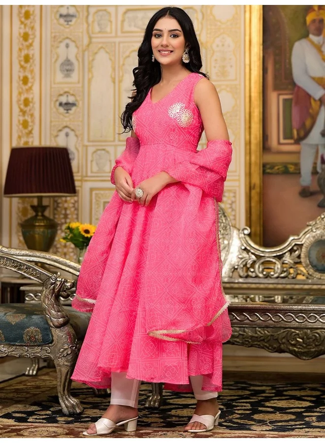 AKS AKS Couture Bandhani Printed Regular Gotta Patti Anarkali Kurta with Trousers & Dupatta