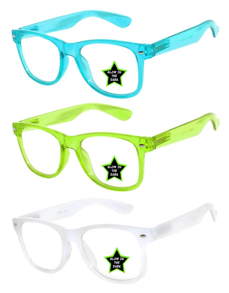 OWL 3 Pairs Kids Clear Lens Glasses Girls Boys Glow In The Dark Green, Blue, White - Image 1