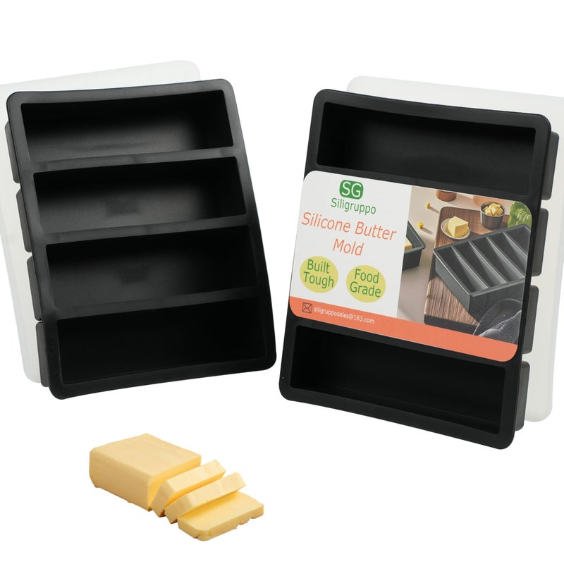 Siligruppo 2PCS Silicone Butter Mold Tray with Lid, Non-Stick Butter Maker, Fits Standard Butter Size, Ideal for Butter, Soap Bars, Energy Bars, and Cakes (Black) - Image 1