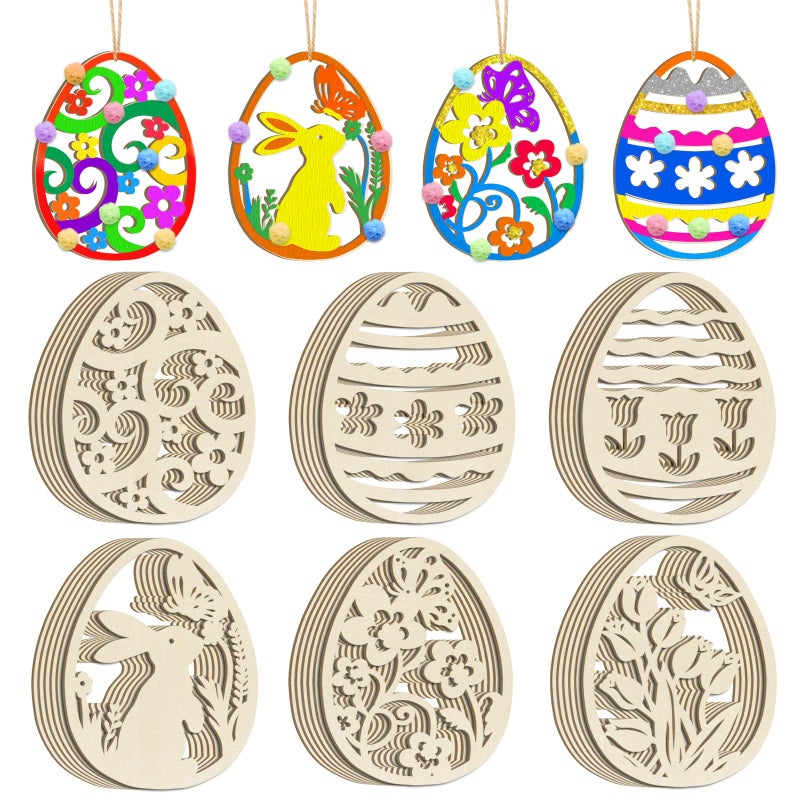 Sophena 36PCS Wooden Easter Ornaments to Paint, 6 Styles DIY Blank Unfinished Wood Egg Cutouts Ornament for Crafts Hanging Decorations Happy Easter Hallow Egg Rabbit Bunny Butterfly Flower Hen - Image 1