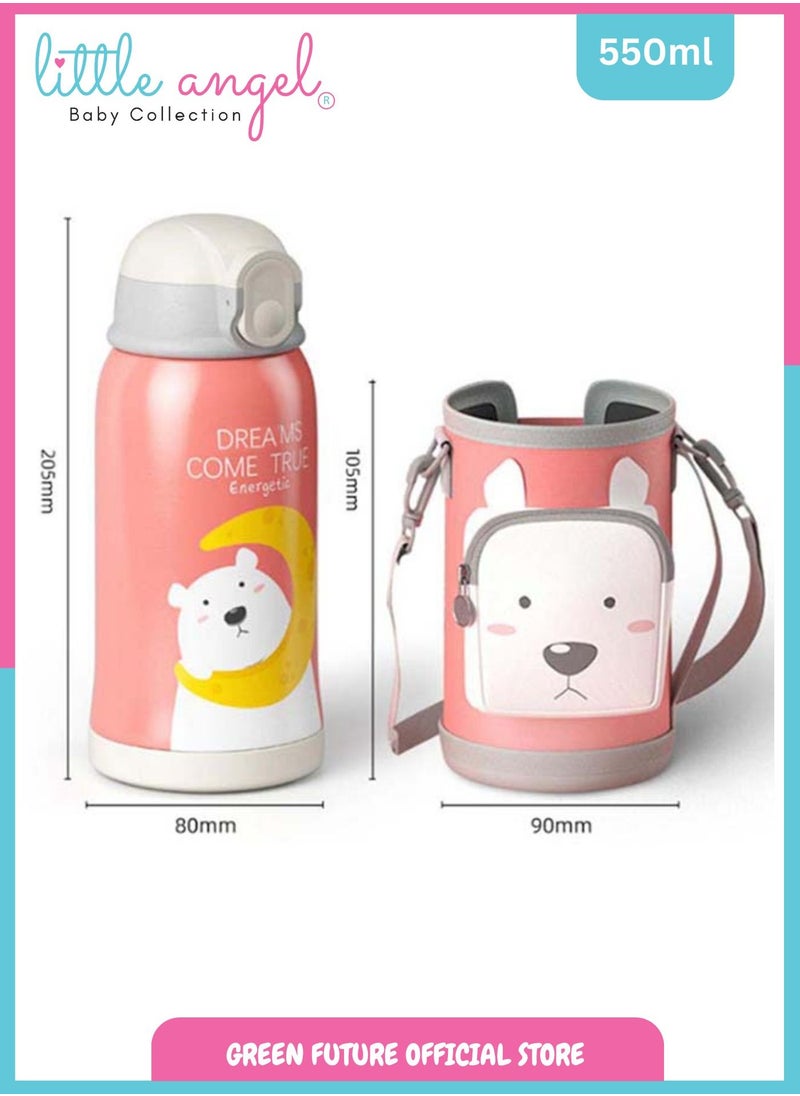 Little Angel - Kids Water Bottle Insulated Stainless Steel Flask 550 ML with Straw - Bunny Design, Portable Sports Drink Bottle with Strap and Cup for School, Sport, Indoor & Outdoor - Image 1