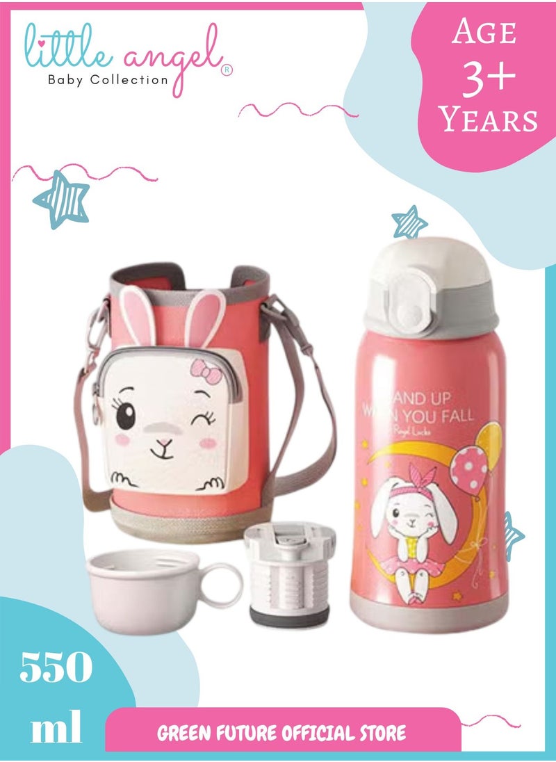 Little Angel - Kids Water Bottle Insulated Stainless Steel Flask 550 ML with Straw - Bunny Design, Portable Sports Drink Bottle with Strap and Cup for School, Sport, Indoor & Outdoor - Image 1