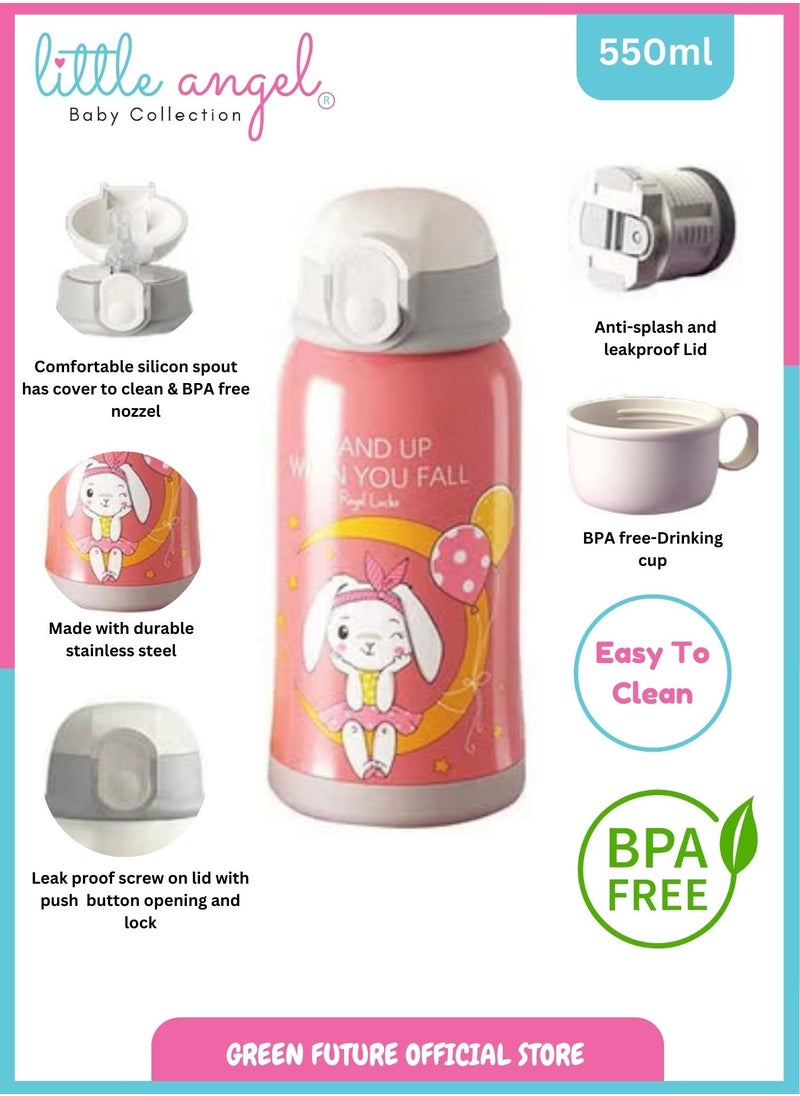 Little Angel - Kids Water Bottle Insulated Stainless Steel Flask 550 ML with Straw - Bunny Design, Portable Sports Drink Bottle with Strap and Cup for School, Sport, Indoor & Outdoor - Image 1