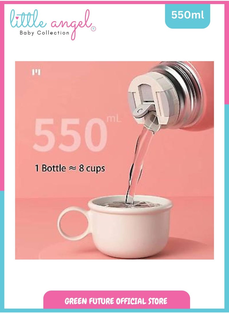Little Angel - Kids Water Bottle Insulated Stainless Steel Flask 550 ML with Straw - Bunny Design, Portable Sports Drink Bottle with Strap and Cup for School, Sport, Indoor & Outdoor - Image 1