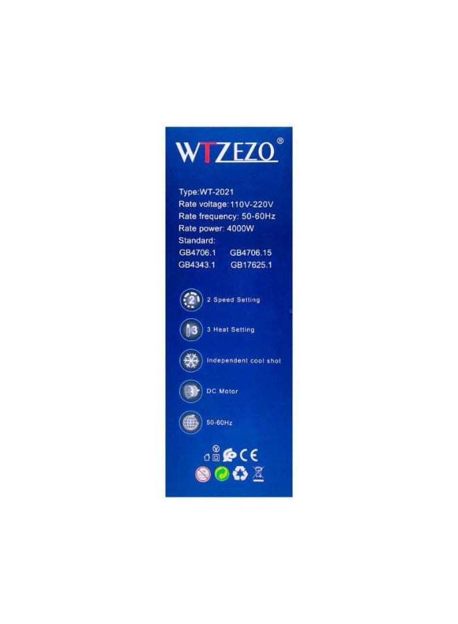 WTZEZO Professional Hair Dryer 4000W – High Power Salon Blow Dryer with Cool Shot, Heat Settings & Smart Air Design – WT-2021 with Aromatic Essence and Light Indicator - Image 4