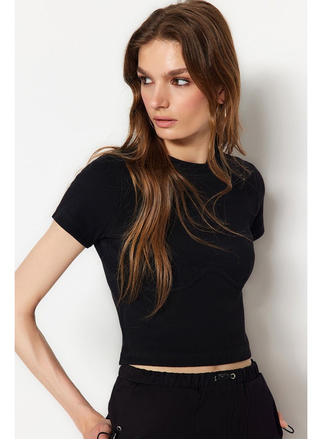 trendyol Black Piping Detailed Crew Neck Crop Ribbed Elastic Knitted Blouse TWOAW21BZ0638 - Image 1