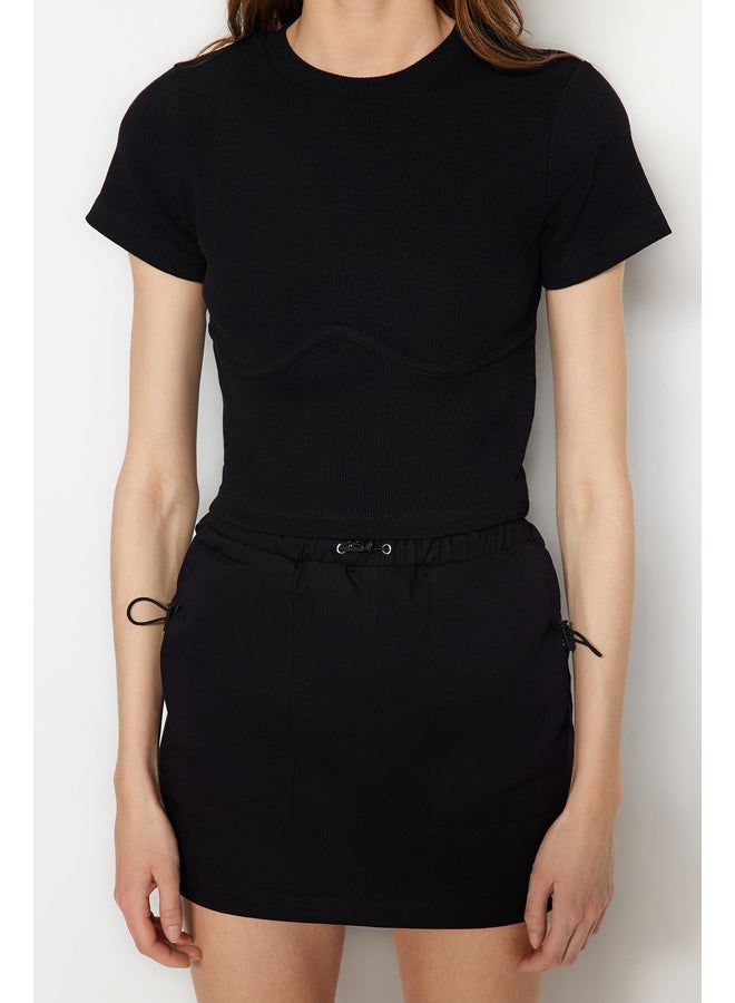 trendyol Black Piping Detailed Crew Neck Crop Ribbed Elastic Knitted Blouse TWOAW21BZ0638 - Image 2