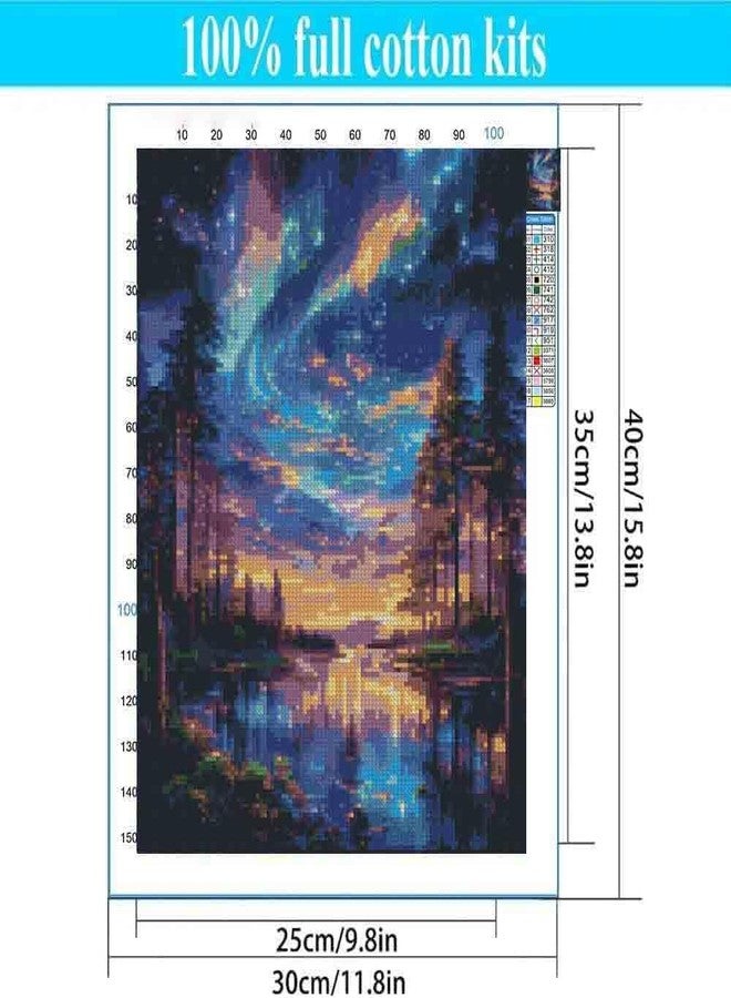 Tiwabb Starry Night Stamped Cross Stitch Kits for Adults - Lake Tree Embroidery Kits for Beginners Adults,11 CT Patterns Dimensions Counted Cross Stitch Kits for Adults Arts Craft 12x16 inch - Image 5