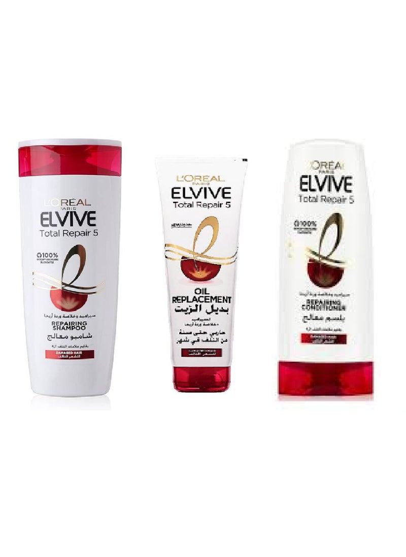 loreal paris L'Oréal Paris Elvive Total Repair 5 Shampoo 400ml - Conditioner 400ml - Oil Replacement 300ml  - Image 1