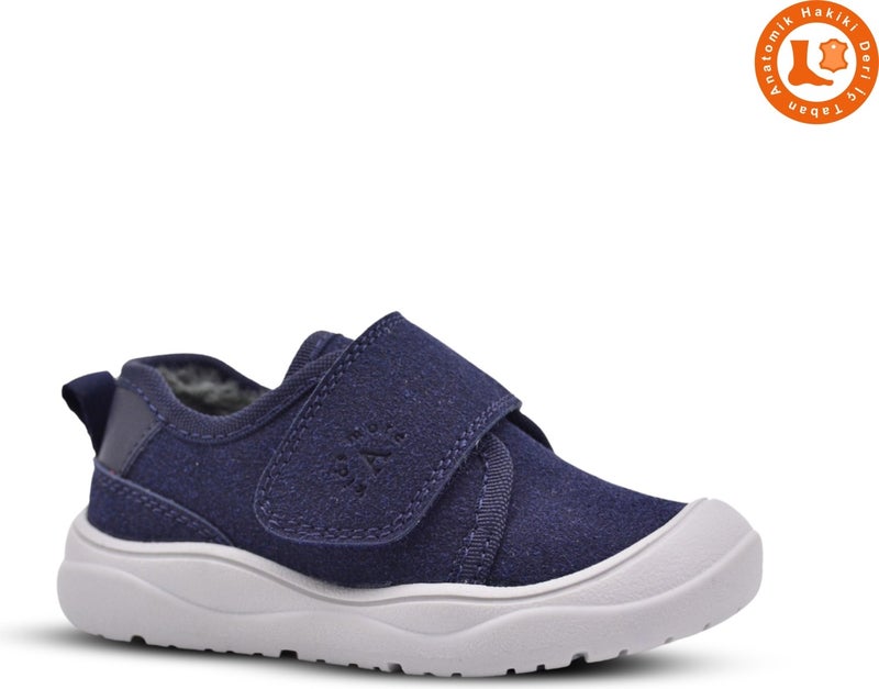 Kids A More Wide Single Velcro Plush Furry Anatomical Baby Boy Shoes Navy Blue  - Image 1