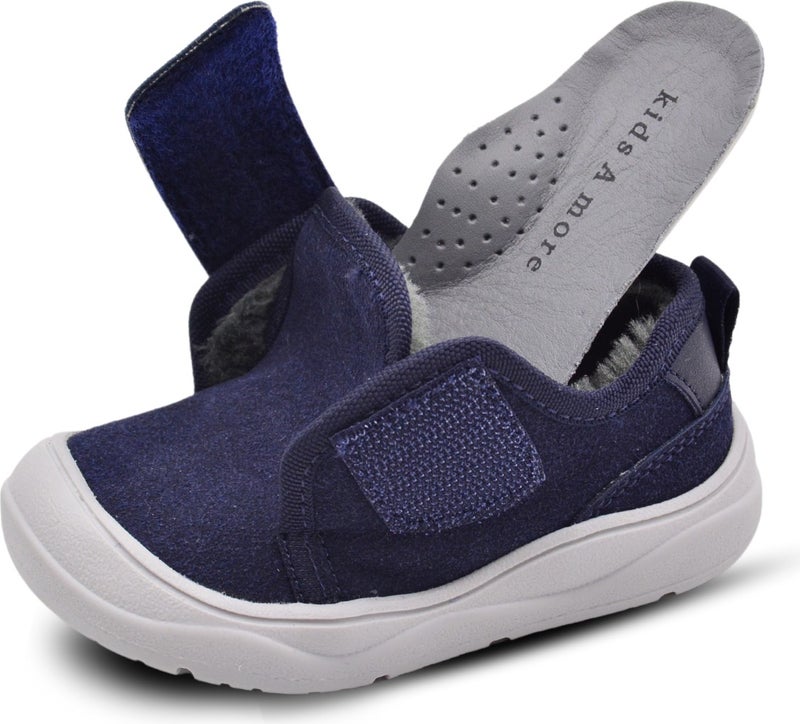 Kids A More Wide Single Velcro Plush Furry Anatomical Baby Boy Shoes Navy Blue  - Image 4
