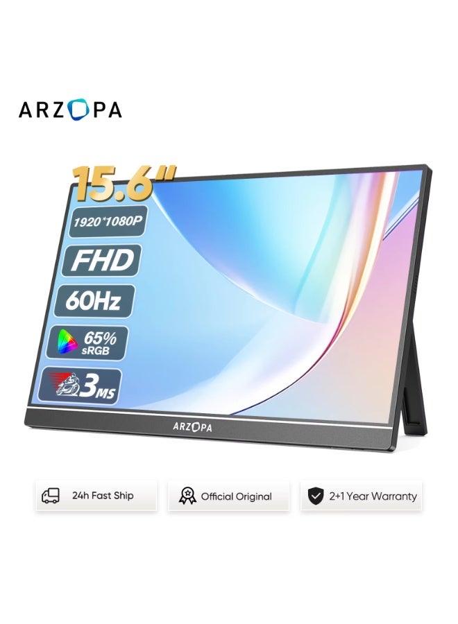 ترقية التكنولوجيا المبتكرة شاشة ARZOPA المحمولة مقاس 15.6 بوصة بدقة FHD 1080P بتقنية IPS ومنفذ USB-C ومنفذ Mini-HDMI، شاشة ثانية خارجية لأجهزة Mac والكمبيوتر المحمول والكمبيوتر الشخصي وSwitch وXbox وPS4/5 وXbox - Image 1