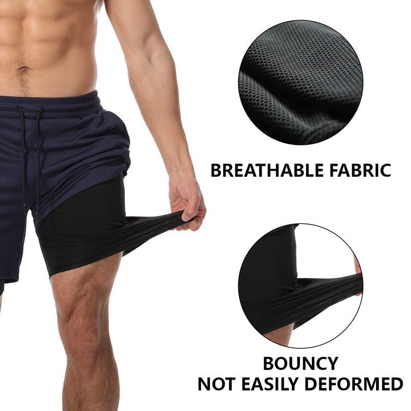 JWJ 3 Pack Men's 2 in 1 Workout Running Shorts 7 Inch Lightweight Athletic Gym Shorts with Compression Liner Black Dark Grey Light Grey L - Image 3