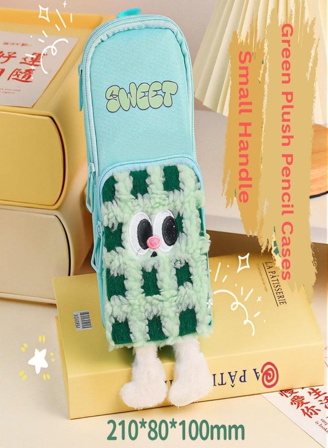 GETNAKSH Cute Green Pencil Pouch with Push-Pull Eraser Set for Kids | Soft Plush Cartoon Stationery Combo | School Supplies for Boys & Girls | Multi-Pocket Zipper Case|Gift Pack (Sweet Green + Eraser) - Image 3