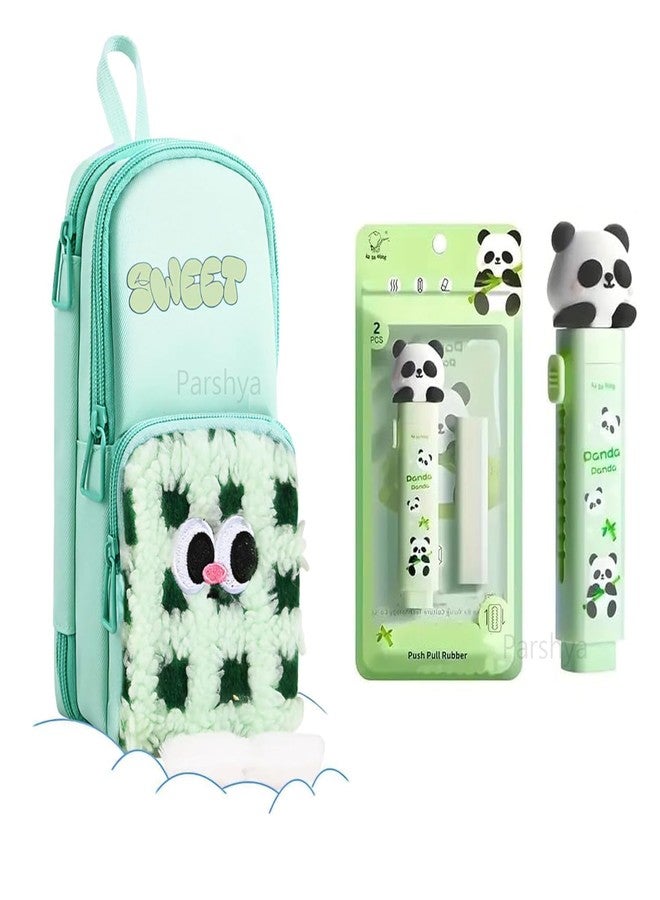 GETNAKSH Cute Green Pencil Pouch with Push-Pull Eraser Set for Kids | Soft Plush Cartoon Stationery Combo | School Supplies for Boys & Girls | Multi-Pocket Zipper Case|Gift Pack (Sweet Green + Eraser) - Image 1