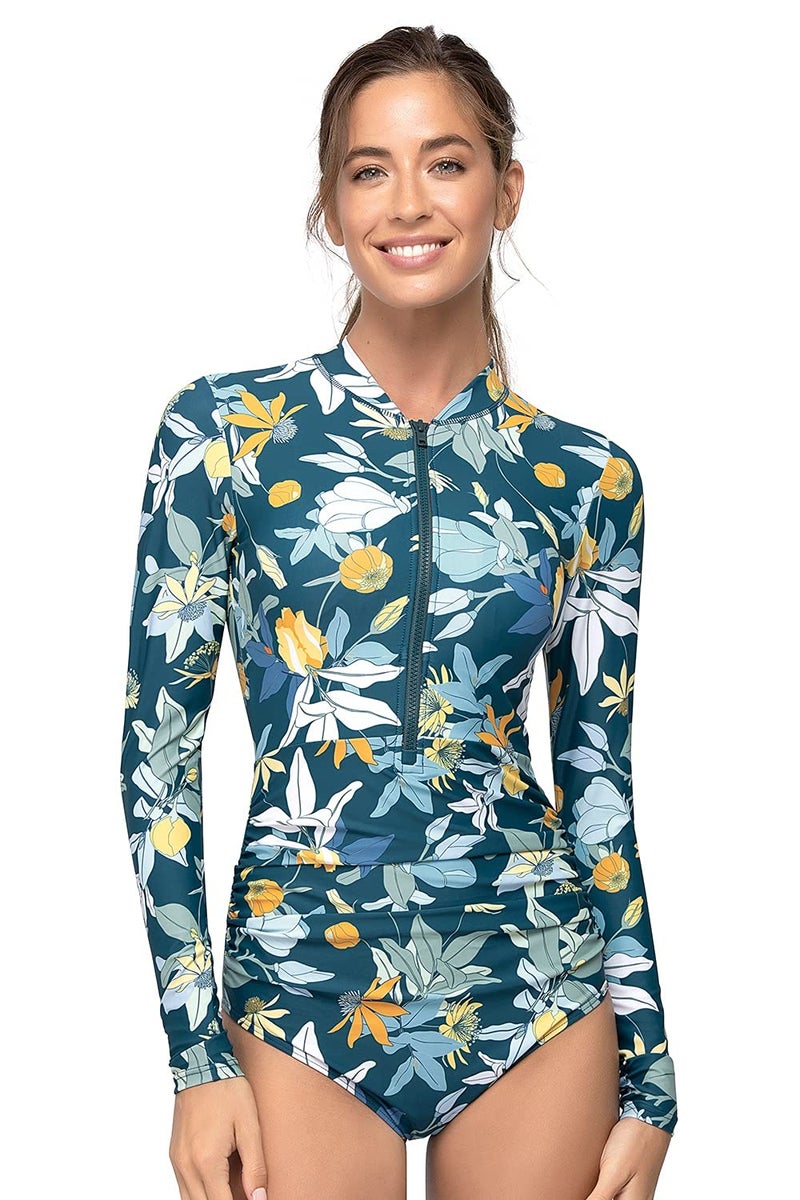 AXESEA Womens Rash Guard Long Sleeve One Piece Swimsuit Ruched Zip Bathing Suit - Image 1