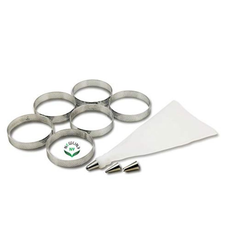 Stainless Steel French Pastry Tart Rings Baking Kit - 6 Perforated Round Rings + 3 Nozzles + 1 Decorating Piping bag Kit - Image 5
