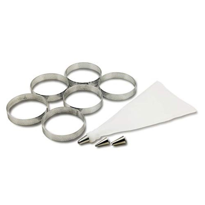 Stainless Steel French Pastry Tart Rings Baking Kit - 6 Perforated Round Rings + 3 Nozzles + 1 Decorating Piping bag Kit - Image 1