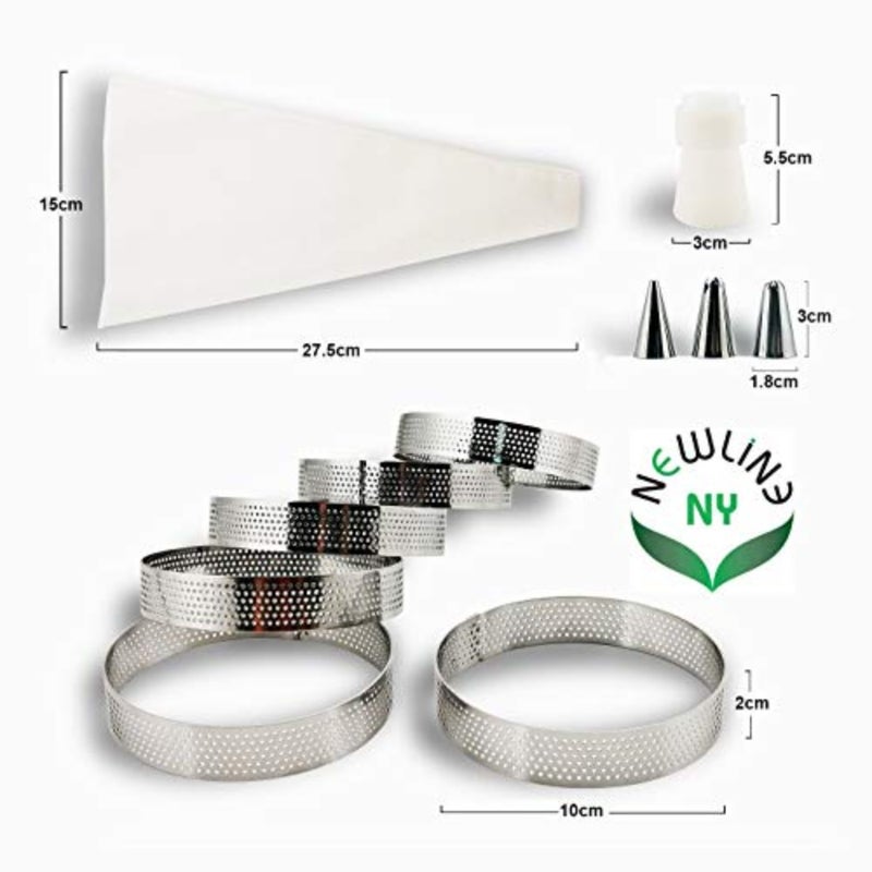 Stainless Steel French Pastry Tart Rings Baking Kit - 6 Perforated Round Rings + 3 Nozzles + 1 Decorating Piping bag Kit - Image 4