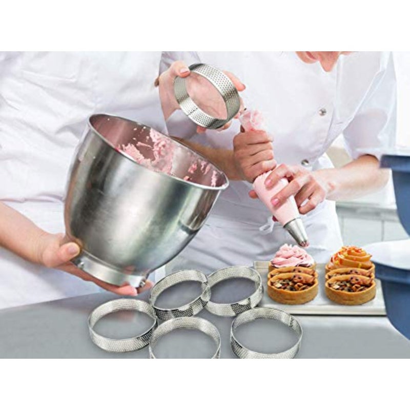 Stainless Steel French Pastry Tart Rings Baking Kit - 6 Perforated Round Rings + 3 Nozzles + 1 Decorating Piping bag Kit - Image 2