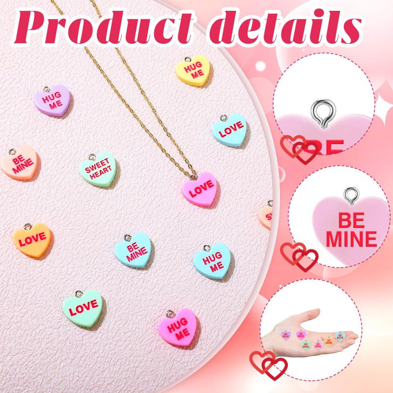 Highergo 128 Pcs Valentines Heart Charms Bulk Conversation Heart Charms Resin Cute Pendant Valentines Day Gifts for Jewelry Making DIY Craft - Image 3