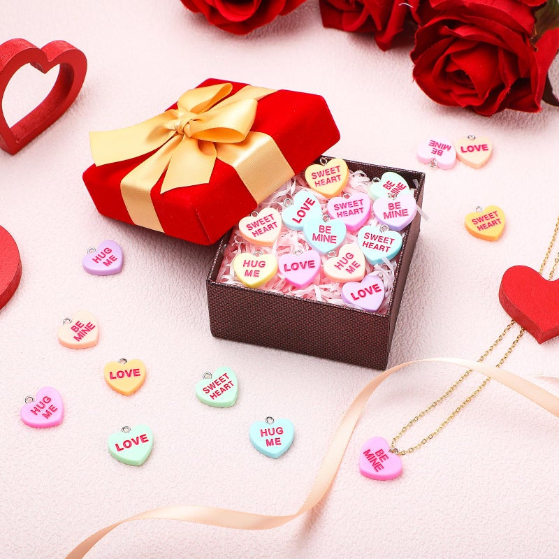 Highergo 128 Pcs Valentines Heart Charms Bulk Conversation Heart Charms Resin Cute Pendant Valentines Day Gifts for Jewelry Making DIY Craft - Image 5