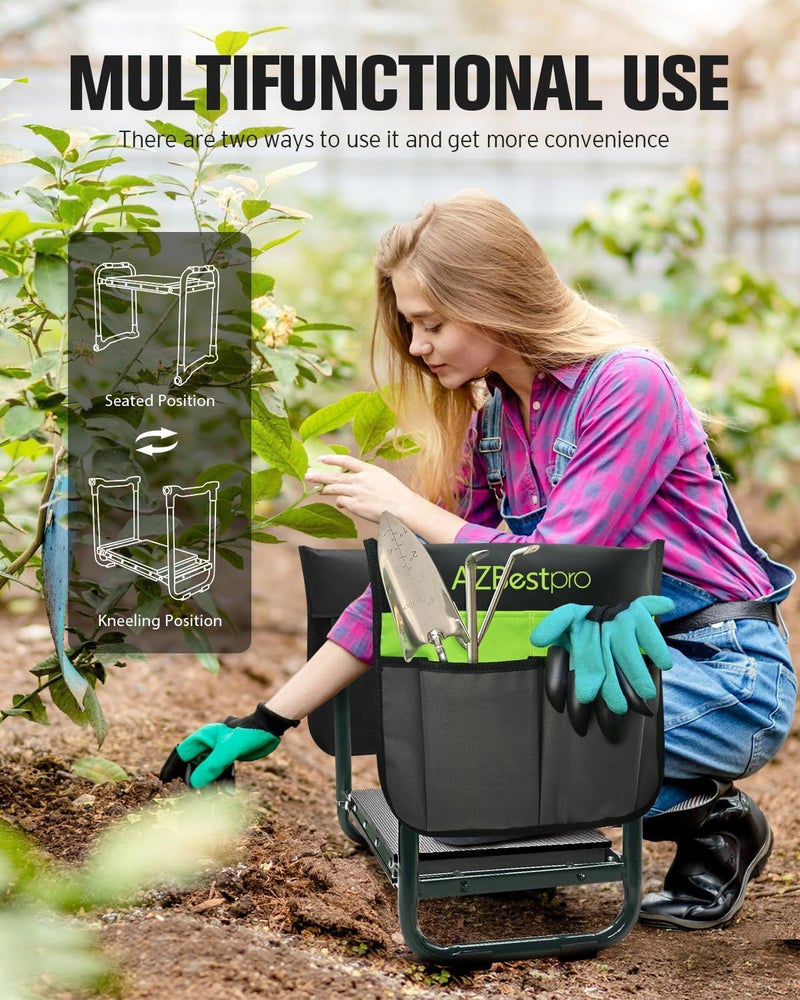 AZBESTPRO Garden Kneeler and Seat Heavy Duty, Upgraded Foldable Gardening Stool - Widened to 10" Stable Wear-resistant Prevent Knee and Back Pain, Beautiful Logo high-end 2 Large Tool Bags Gift for Women - Image 3