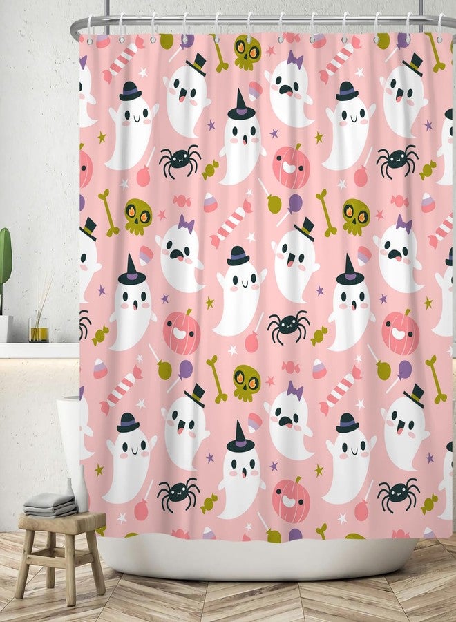 Leowefowa Halloween Shower Curtain Cute Ghost Pumpkin Lantern Shower Curtains Pink Funny Skull Bat Spider WebTrick or Treat Bathroom Decor Waterproof Durable Fabric 72x72 inch - Image 3
