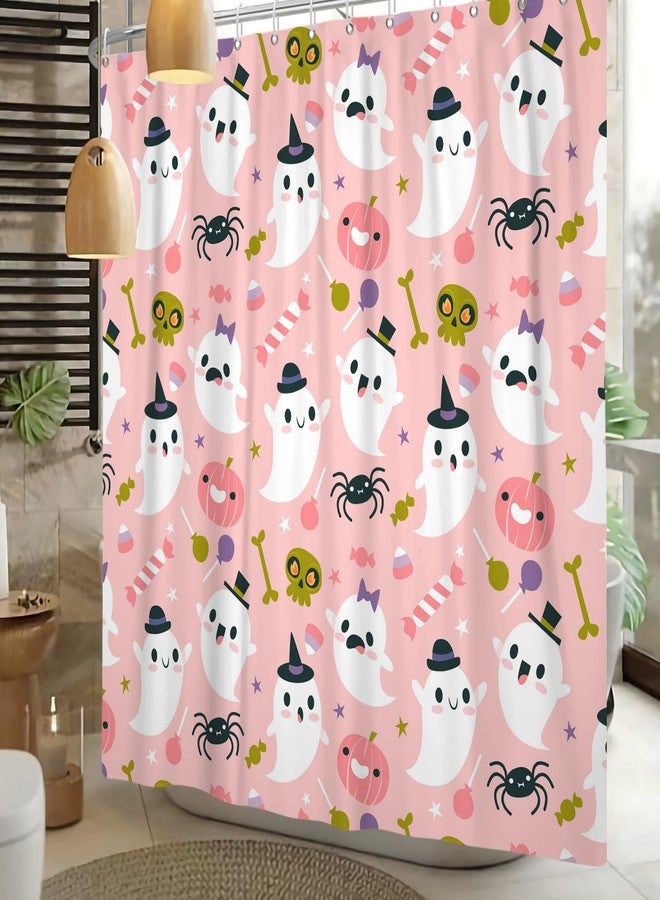 Leowefowa Halloween Shower Curtain Cute Ghost Pumpkin Lantern Shower Curtains Pink Funny Skull Bat Spider WebTrick or Treat Bathroom Decor Waterproof Durable Fabric 72x72 inch - Image 2