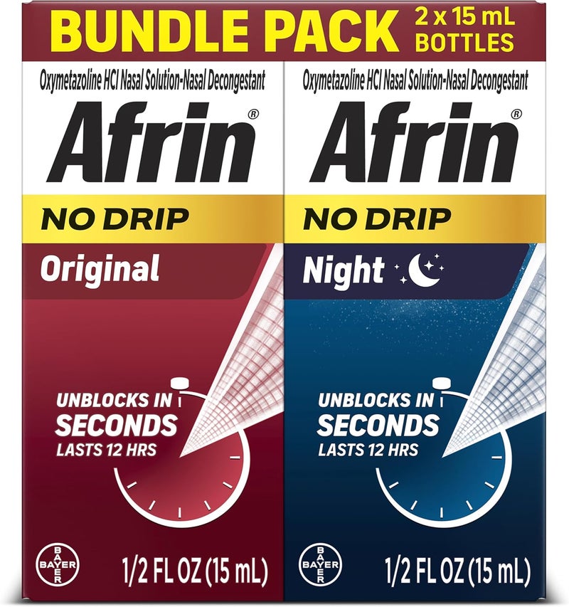 Afrin Afrin No Drip Original + Night Nasal Mist Bundle Pack, Non-Drowsy, Fast-Acting Decongestant for Nasal Congestion and Sinus Pressure Relief, Adults and Children 6 and Older, .5 fl oz (Pack of 2) 
