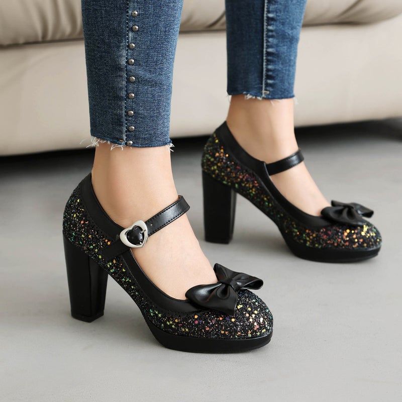 2024 Spring Sequined High Heel 32-48 Size Size Sweet Bow Shallow Mouth Shoes - Image 5