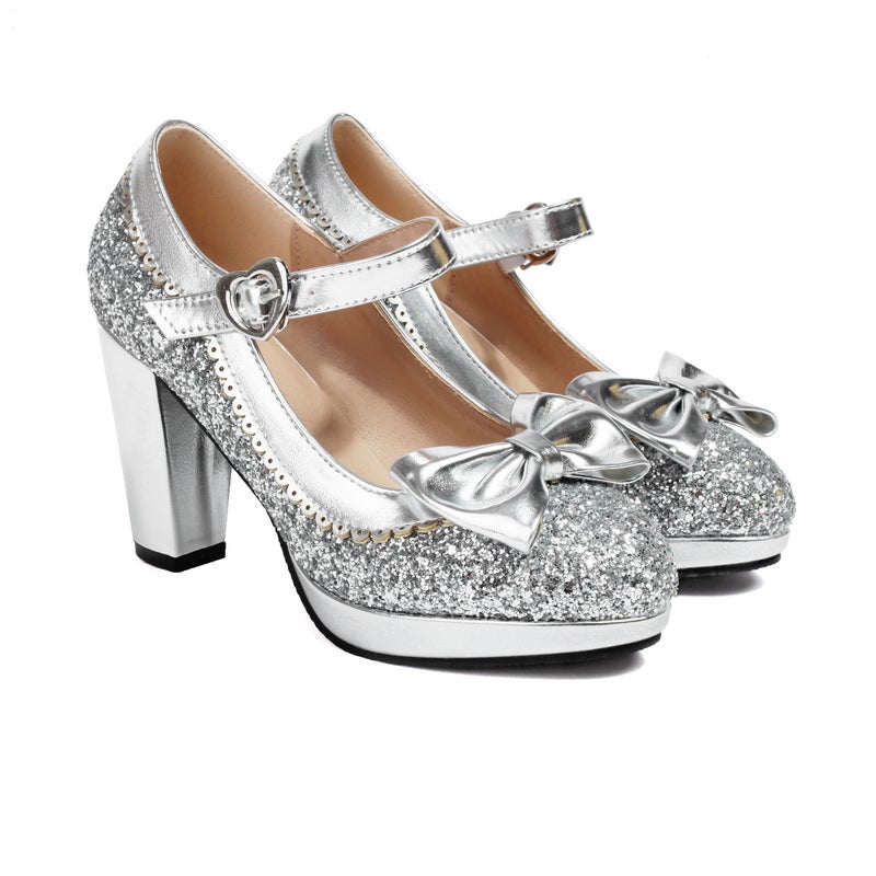 2024 Spring Sequined High Heel 32-48 Size Size Sweet Bow Shallow Mouth Shoes - Image 1