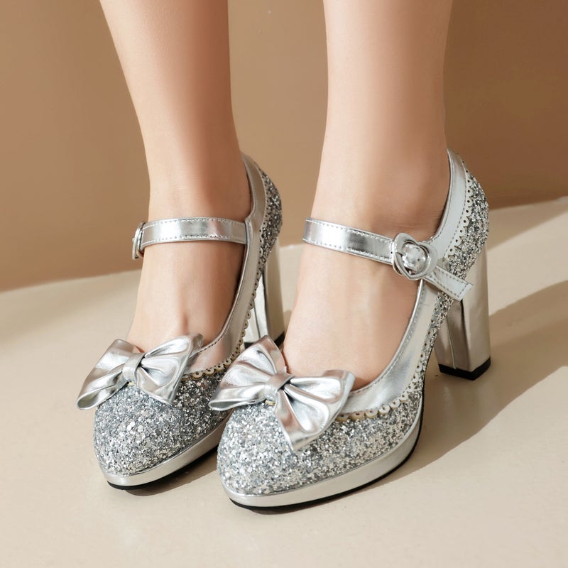 2024 Spring Sequined High Heel 32-48 Size Size Sweet Bow Shallow Mouth Shoes - Image 3