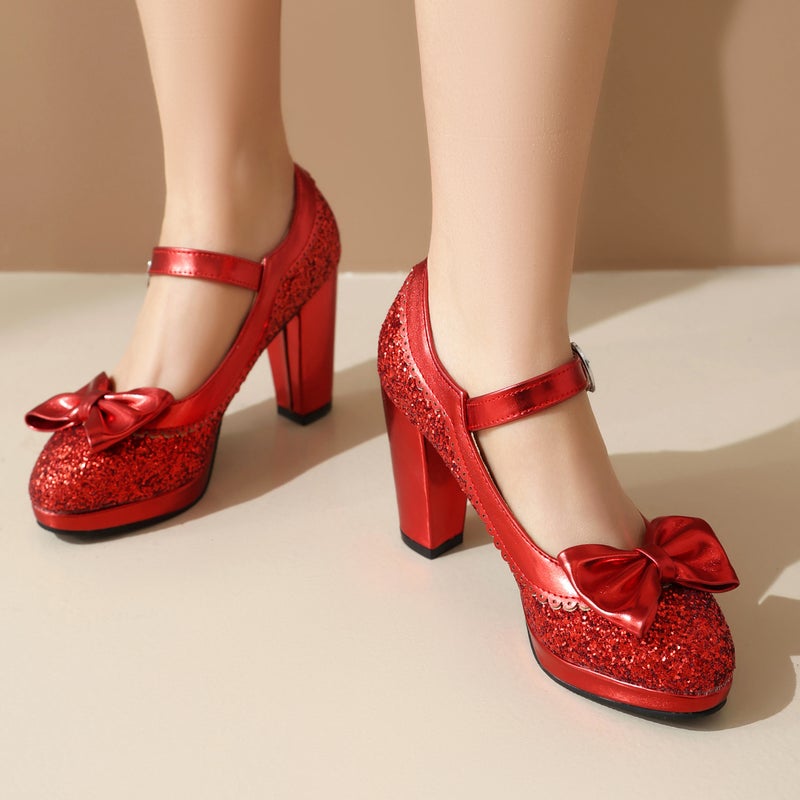 2024 Spring Sequined High Heel 32-48 Size Size Sweet Bow Shallow Mouth Shoes - Image 4