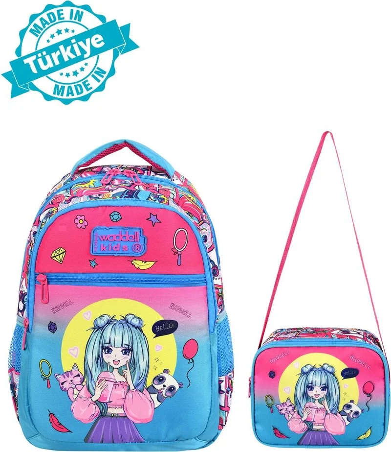 Waddell Licensed Pink Turquoise Anime Girl Patterned Primary School Girl Backpack and Lunch Bag
